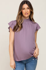 Purple Mock Neck Flutter Maternity Blouse