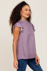 Purple Mock Neck Flutter Blouse