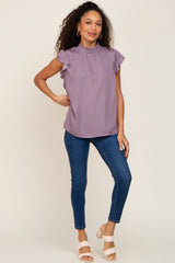 Purple Mock Neck Flutter Blouse