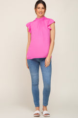 Fuchsia Mock Neck Flutter Maternity Blouse