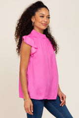 Fuchsia Mock Neck Flutter Blouse