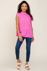 Fuchsia Mock Neck Flutter Blouse