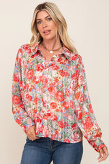 Red Floral Semi Sheer Shimmer Blouse