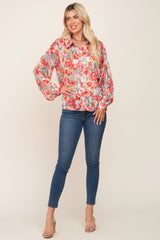 Red Floral Semi Sheer Shimmer Blouse