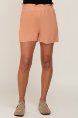 Peach Elastic Waist Linen Maternity Shorts