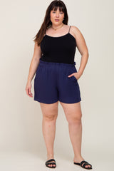 Navy Elastic Waist Linen Maternity Plus Shorts