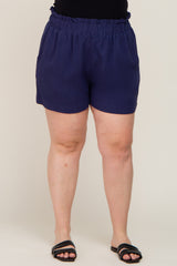 Navy Elastic Waist Linen Plus Shorts