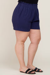 Navy Elastic Waist Linen Plus Shorts