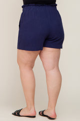 Navy Elastic Waist Linen Plus Shorts