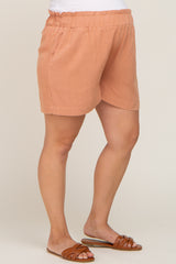 Peach Elastic Waist Linen Maternity Plus Shorts