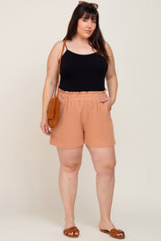 Peach Elastic Waist Linen Plus Shorts