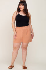 Peach Elastic Waist Linen Plus Shorts