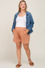 Peach Elastic Waist Linen Maternity Plus Shorts