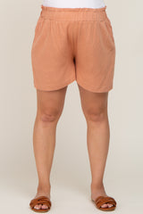 Peach Elastic Waist Linen Maternity Plus Shorts