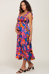 Blue Printed Satin Smocked Maternity Midi Dress