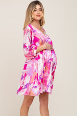 Pink Swirl Print Satin Babydoll Maternity Dress