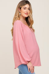 Mauve Long Puff Sleeve Maternity Blouse