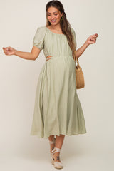 Sage Cutout Puff Sleeve Maternity Midi Dress