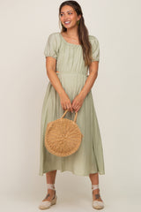 Sage Cutout Puff Sleeve Maternity Midi Dress