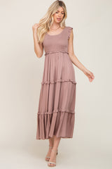 Taupe Smocked Ruffle Tier Maternity Maxi Dress