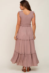 Taupe Smocked Ruffle Tier Maternity Maxi Dress