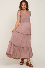 Taupe Smocked Ruffle Tier Maternity Maxi Dress