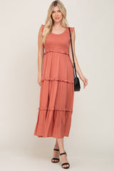 Rust Smocked Ruffle Tier Maternity Maxi Dress