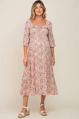 Light Pink Floral Smocked Half Sleeve Maternity Midi Dress