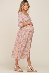 Light Pink Floral Smocked Half Sleeve Maternity Midi Dress