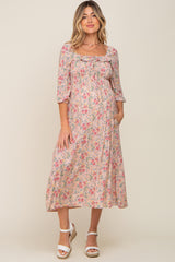 Light Pink Floral Smocked Half Sleeve Maternity Midi Dress