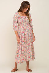 Light Pink Floral Smocked Half Sleeve Maternity Midi Dress