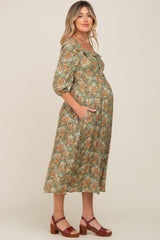 Olive Floral Smocked Half Sleeve Maternity Midi Dress