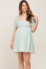 Sage Striped Pleated Puff Sleeve Maternity Mini Dress