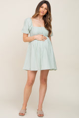 Sage Striped Pleated Puff Sleeve Maternity Mini Dress