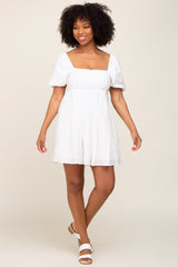 Ivory Striped Pleated Puff Sleeve Mini Dress