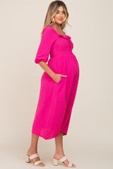 Fuchsia Swiss Dot 3/4 Sleeve Maternity Midi Dress