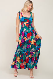 Navy Blue Tropical Floral Satin Maxi Dress