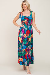 Navy Blue Tropical Floral Satin Maxi Dress