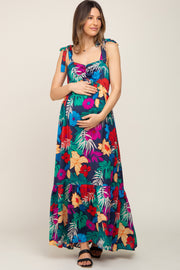 Navy Blue Tropical Floral Satin Maternity Maxi Dress