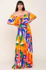 Multi-Color Palm Print Off Shoulder Flounce Maxi Dress