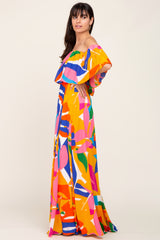 Multi-Color Palm Print Off Shoulder Flounce Maxi Dress