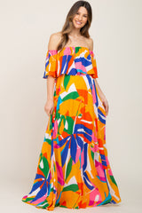 Multi-Color Palm Print Off Shoulder Flounce Maternity Maxi Dress