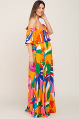 Multi-Color Palm Print Off Shoulder Flounce Maternity Maxi Dress