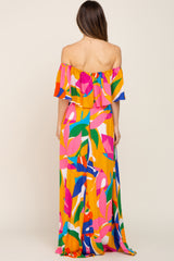 Multi-Color Palm Print Off Shoulder Flounce Maternity Maxi Dress