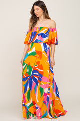 Multi-Color Palm Print Off Shoulder Flounce Maternity Maxi Dress