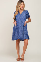 Blue Floral Button Front Short Sleeve Maternity Dress