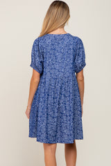 Blue Floral Button Front Short Sleeve Maternity Dress