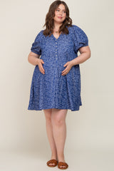 Blue Floral Button Front Short Sleeve Maternity Plus Dress