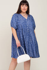 Blue Floral Button Front Short Sleeve Maternity Plus Dress