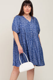 Blue Floral Button Front Short Sleeve Plus Dress